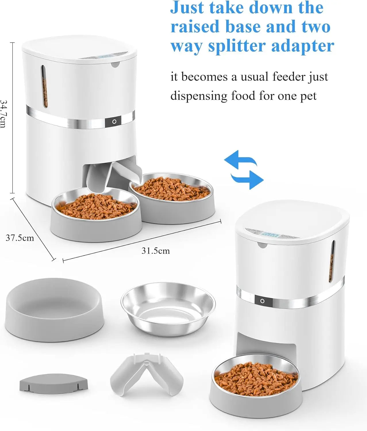 Automatic Pet Feeder with Dual Bowls and Two-Way Splitter for Cats & Small Dogs, Programmable for Up to 6 Meals