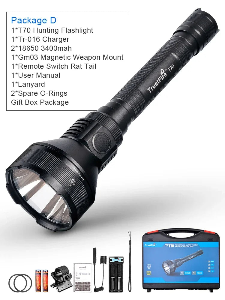 Trustfire T70 Ultra Powerful Hunting LED Flashlight 2300LM 1KM Range Tactical 18650 Spotlight Torch Self-defense For Search Camp