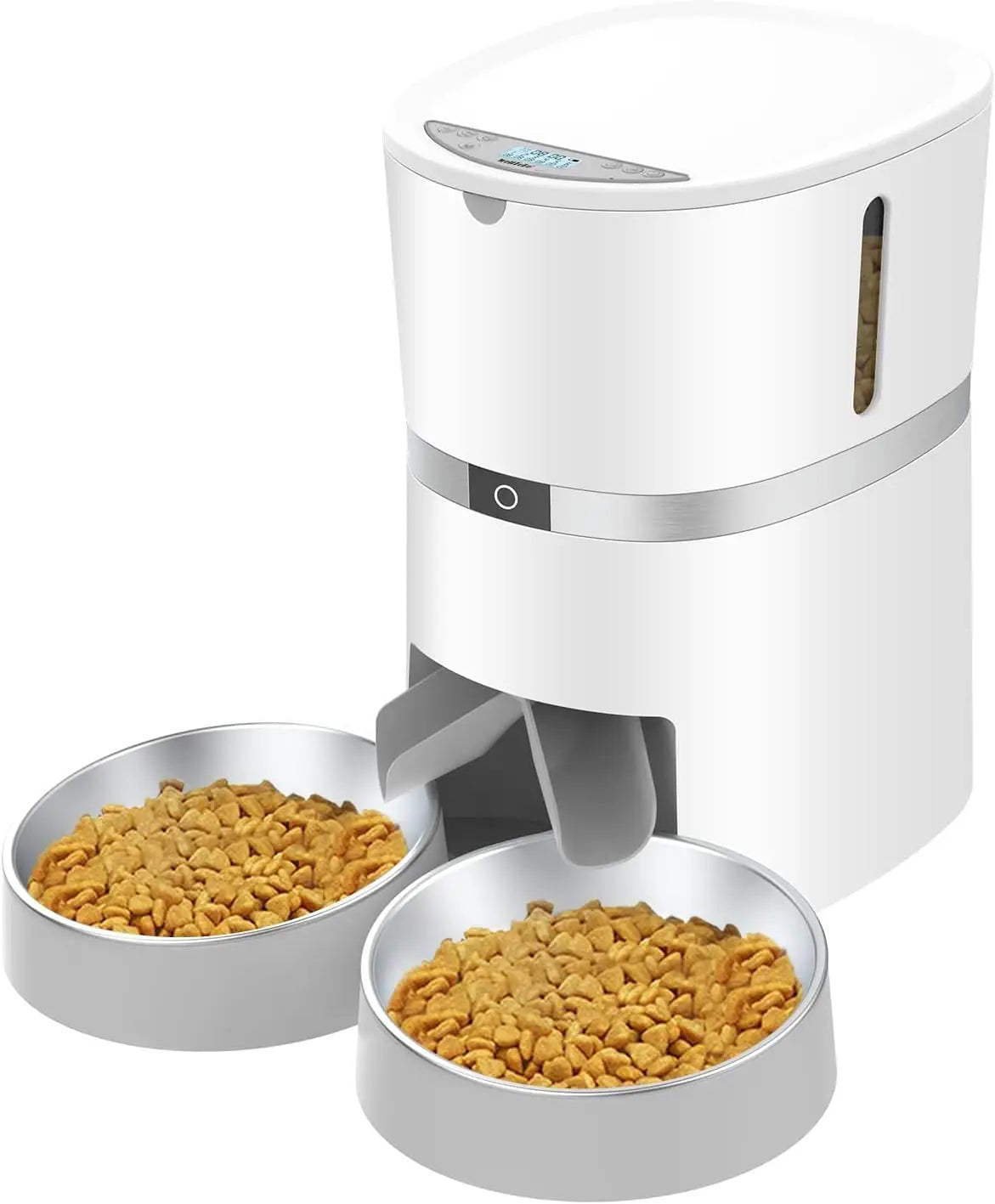 Automatic Pet Feeder with Dual Bowls and Two-Way Splitter for Cats & Small Dogs, Programmable for Up to 6 Meals