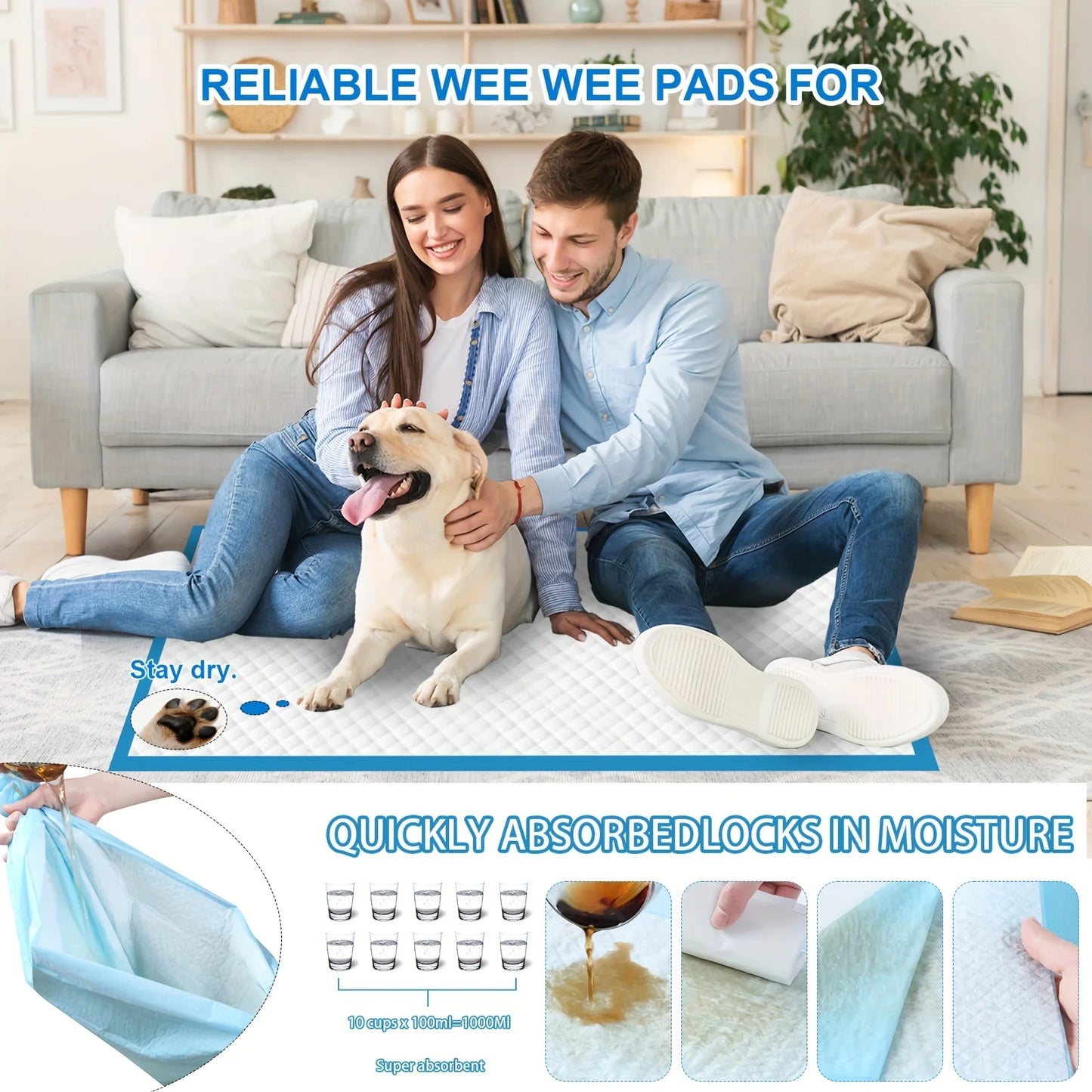 24"x24" Puppy Pads – 100 Count, Super Absorbent & Leak-Proof Potty Training Pads