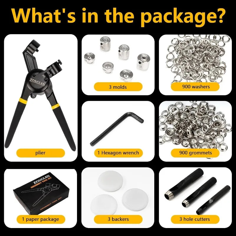 Heavy Duty Grommet Tool Kit, 1/2 Inch 5/16 Inch and 3/8 Inch, Multi-Size Hand Held Eyelet Tool Pliers Riveter