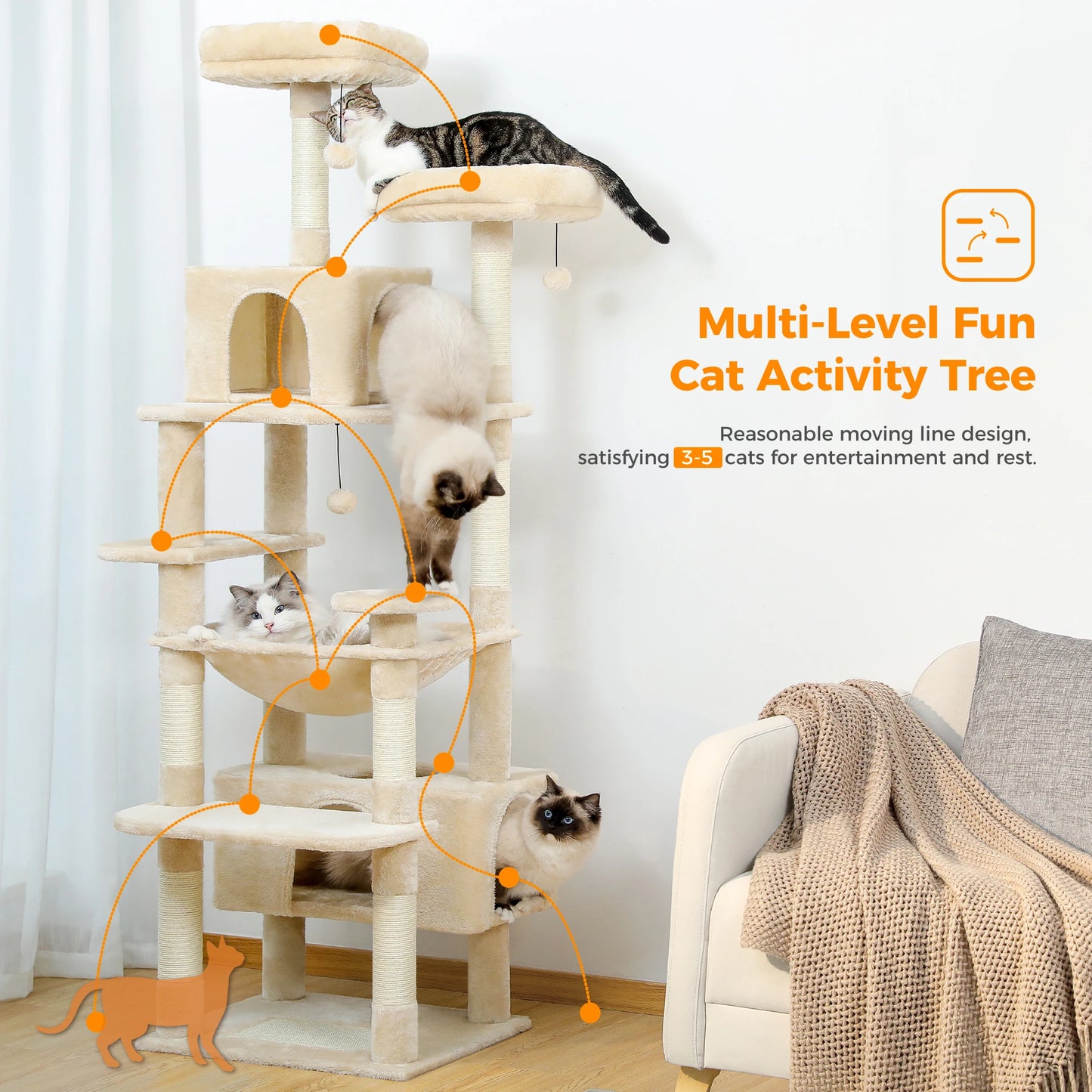 184cm Multi-Level Cat Tree with Scratching Posts Hammock Perches and Condos