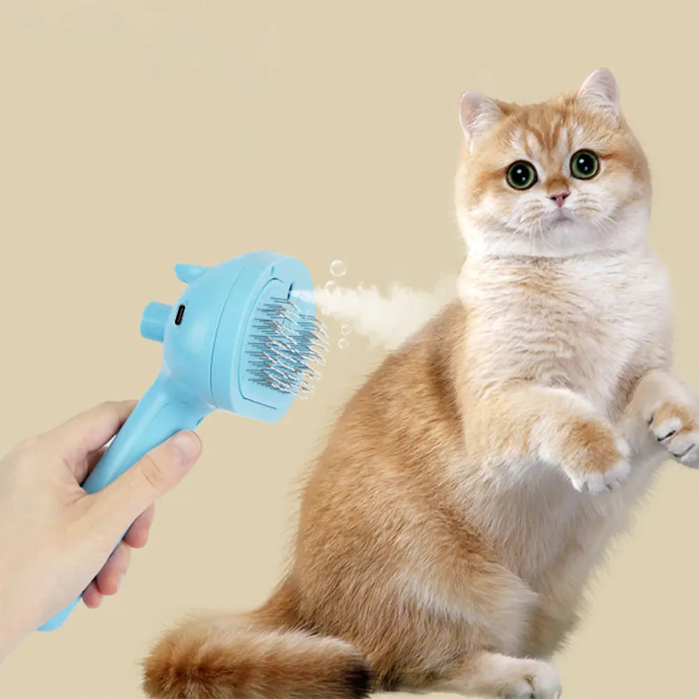 Rechargeable Cat Grooming Brush with Release Button and Spray for Long and Short Hair Pets