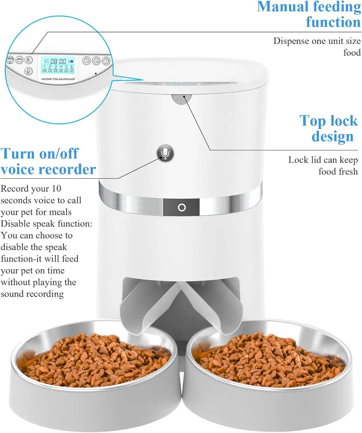 Automatic Pet Feeder with Dual Bowls and Two-Way Splitter for Cats & Small Dogs, Programmable for Up to 6 Meals