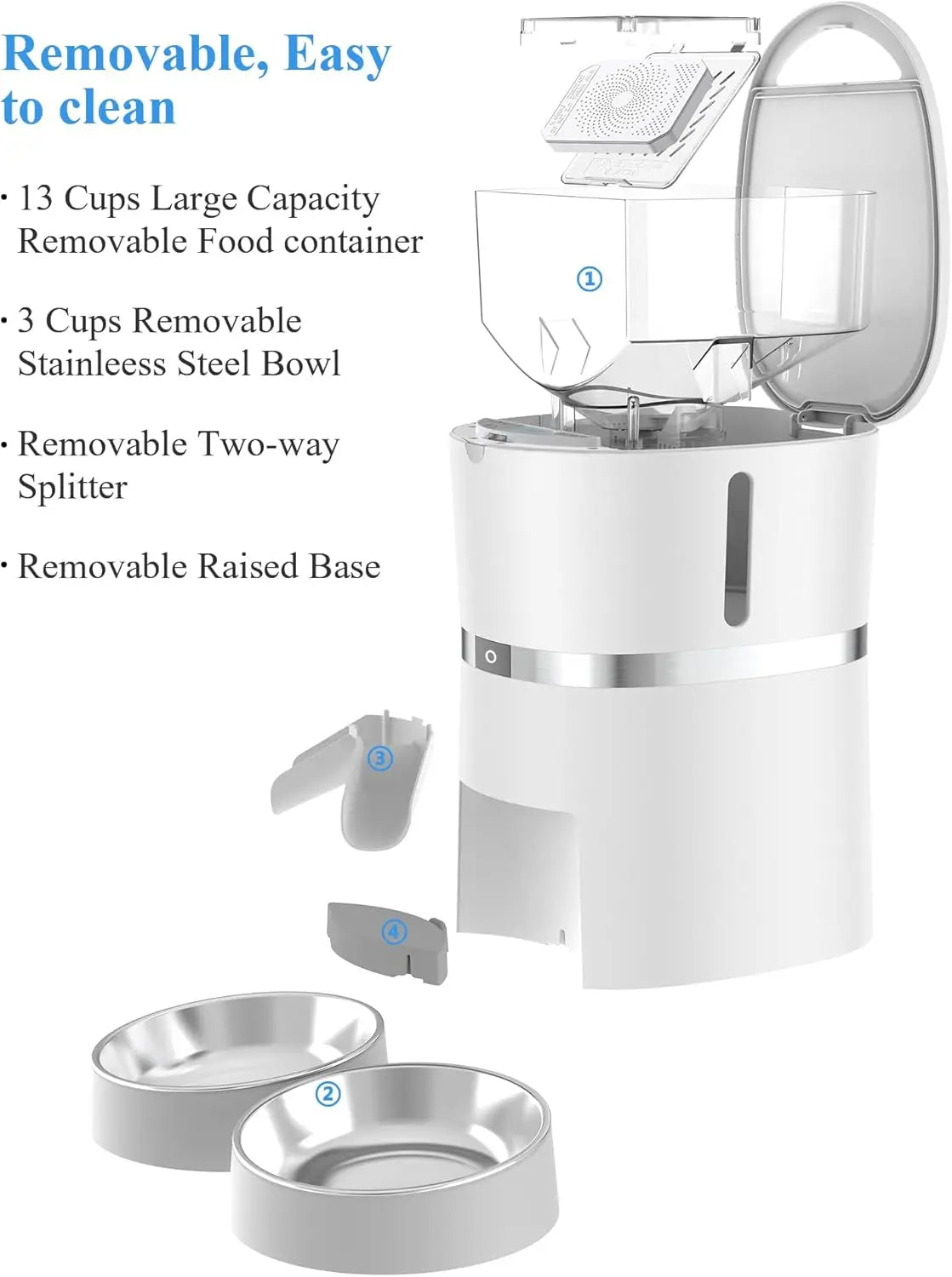 Automatic Pet Feeder with Dual Bowls and Two-Way Splitter for Cats & Small Dogs, Programmable for Up to 6 Meals